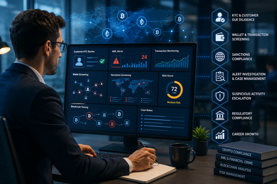 Crypto compliance analyst reviewing transaction monitoring alerts, customer risk profiles, and AML compliance data on a digital asset platform.