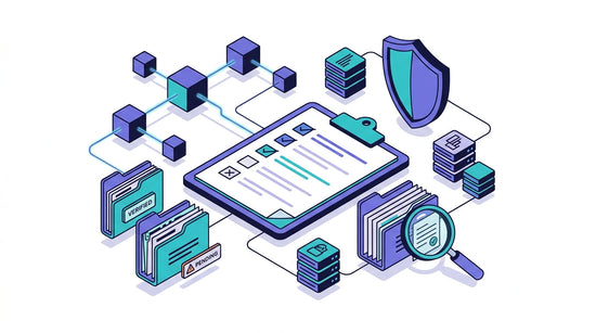 Crypto AML audit illustration showing a checklist, transaction records and connected blockchain nodes.