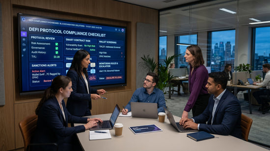 Risk and legal professionals reviewing DeFi compliance controls, governance requirements, sanctions exposure, and risk management strategies.