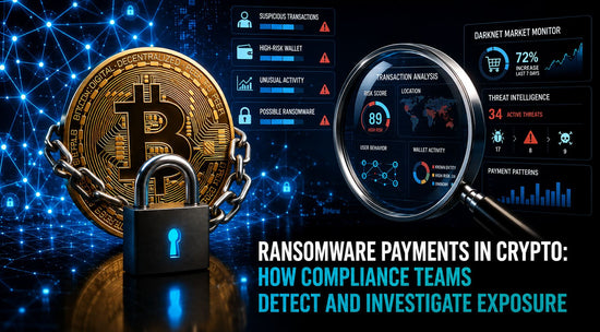 Chained Bitcoin with a padlock, magnifying glass and risk dashboards illustrating how compliance teams detect and investigate ransomware payments in crypto.