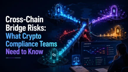 Cross-chain blockchain bridges linking multiple networks, with high-risk pathways and a compliance analyst monitoring suspicious transaction exposure.