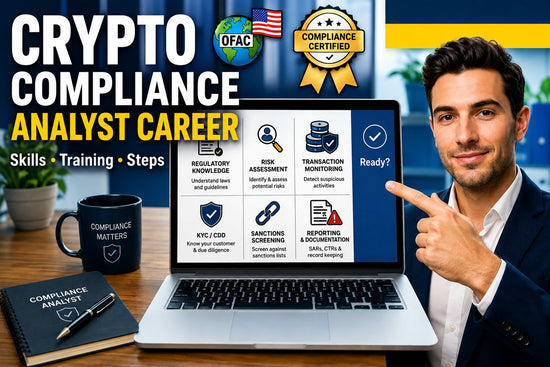 Professional guide showing the skills, training pathways, and career steps required to become a crypto compliance analyst.