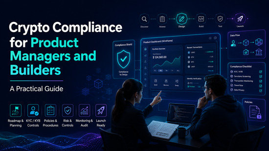 Crypto compliance for product managers and builders feature image showing a product dashboard, compliance checklist, data flow, and product development workflow.