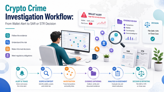 Crypto Crime Investigation Workflow infographic showing an analyst tracing wallet activity through data collection, link analysis, entity attribution, evidence review, and SAR or STR reporting.