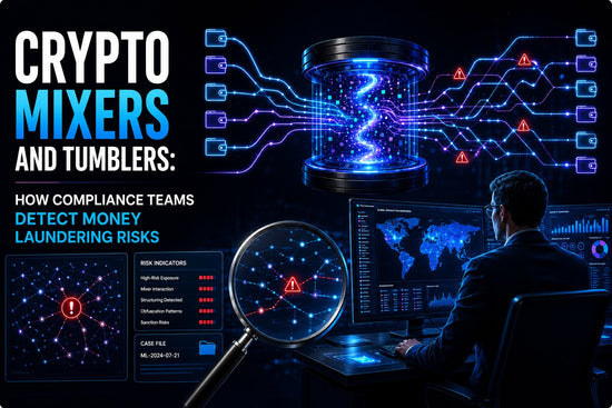 A crypto compliance investigator analyzes suspicious transaction flows linked to mixers and tumblers using blockchain monitoring dashboards, wallet networks, risk indicators, alerts, and a magnifying glass in a futuristic dark-blue control room.
