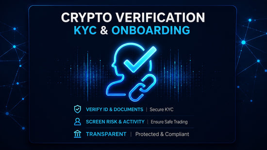 Crypto verification graphic showing KYC and onboarding with identity checks, document verification, risk screening and compliance protection on a glowing blue digital interface.