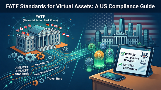 FATF standards for virtual assets infographic showing global AML/CFT rules, US VASP compliance checklist, KYC/AML verification, Travel Rule, and crypto compliance controls.