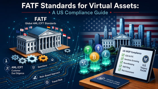 FATF virtual asset compliance infographic featuring global AML/CFT standards, U.S. regulatory institutions, cryptocurrency icons, and a checklist covering KYC, sanctions screening, recordkeeping, SAR filing, and risk assessment.