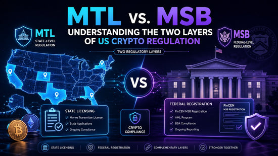 MTL vs. MSB infographic comparing state-level money transmitter licensing with federal FinCEN registration for U.S. crypto regulation.
