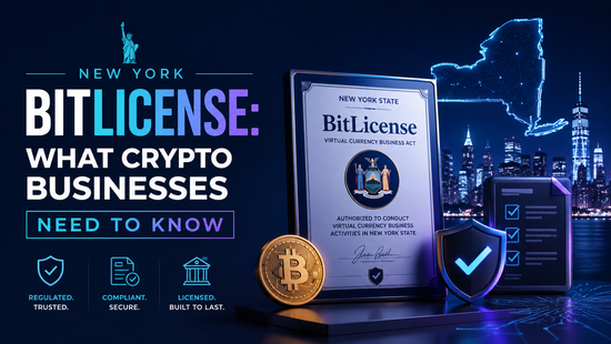 New York BitLicense feature image showing a digital license certificate, New York map, NYC skyline, Bitcoin coin, shield icon, and crypto compliance checklist.