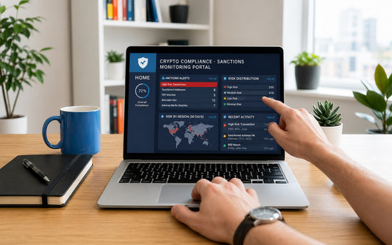 Person using a laptop dashboard to review crypto compliance alerts, sanctions risks, regional exposure and recent monitoring activity.