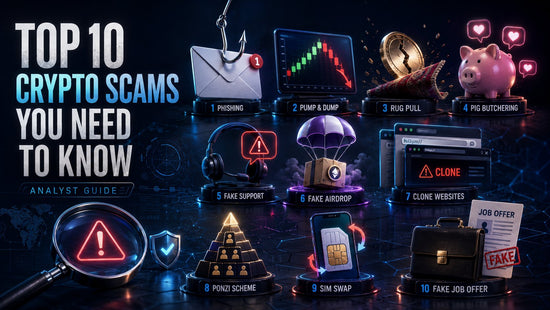 Top 10 Crypto Scams blog feature image showing phishing, pump-and-dump schemes, rug pulls, pig butchering, fake support, fraudulent airdrops, clone websites, Ponzi schemes, SIM swaps and fake job offers.