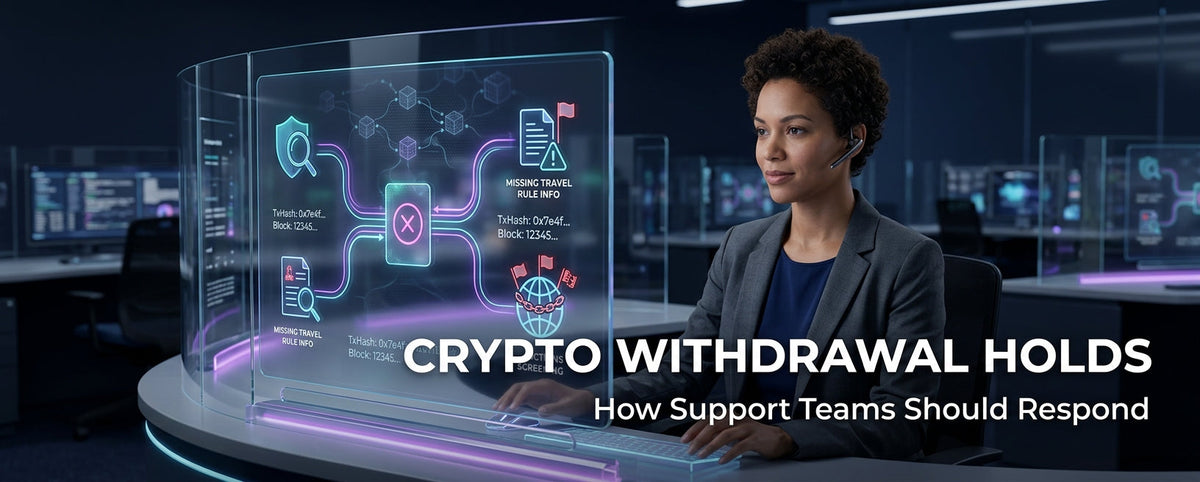 Crypto support specialist investigating a pending withdrawal and its review status.