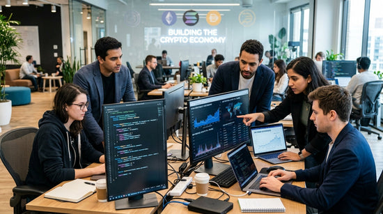 A diverse team of professionals collaborating in a modern office while reviewing code, analytics dashboards and blockchain data across multiple computer screens.
