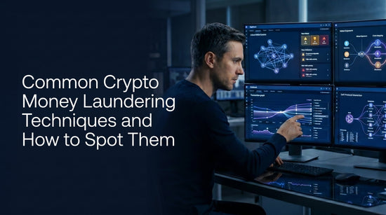 Compliance analyst investigating cryptocurrency money laundering patterns using blockchain analytics and transaction monitoring tools.