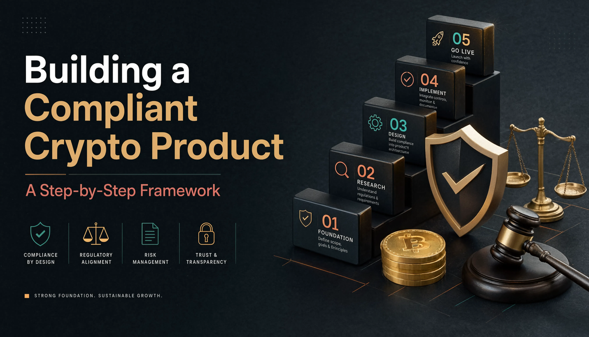 Crypto product compliance framework with security, Bitcoin, legal, risk management and five-step compliance process.