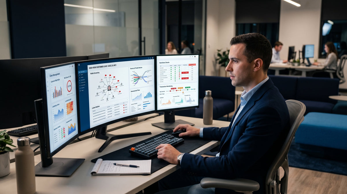 Compliance analyst performing enhanced due diligence checks on high-risk crypto customers using risk assessment and transaction monitoring tools.