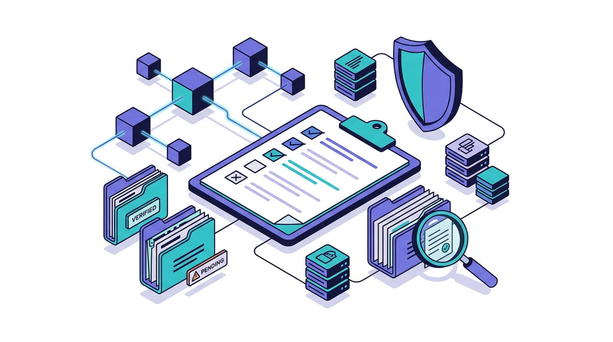 Crypto AML audit illustration showing a checklist, transaction records and connected blockchain nodes.