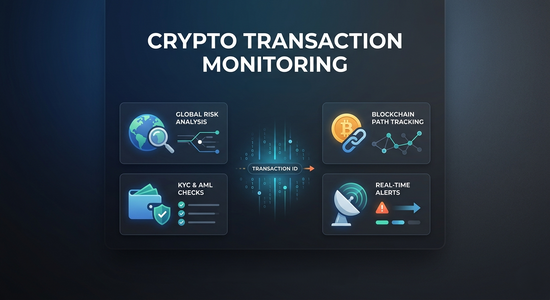 Crypto transaction monitoring dashboard with AML alerts, risk indicators and blockchain transaction analysis.