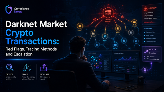 Darknet Market Crypto Transactions graphic showing an investigator tracing wallet flows, red flags and transaction patterns for investigation and escalation.