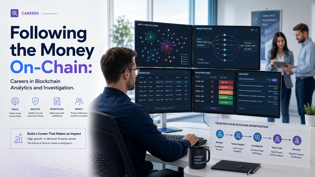A blockchain analyst traces wallet clusters, transaction flows and risk scores across multiple monitors in a bright office, illustrating career paths in on-chain analytics and crypto investigation.