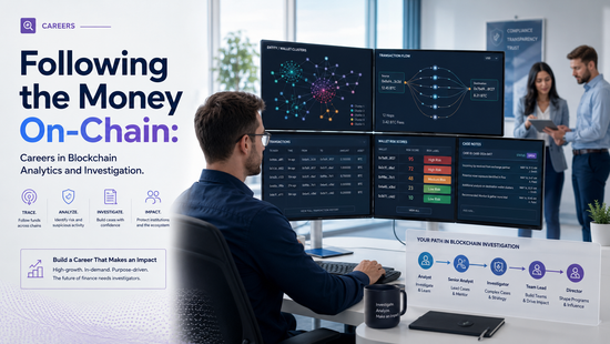 A blockchain analyst traces wallet clusters, transaction flows and risk scores across multiple monitors in a bright office, illustrating career paths in on-chain analytics and crypto investigation.