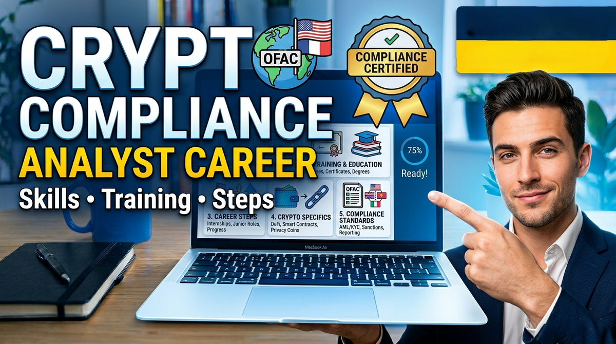 Professional guide showing the skills, training pathways, and career steps required to become a crypto compliance analyst.