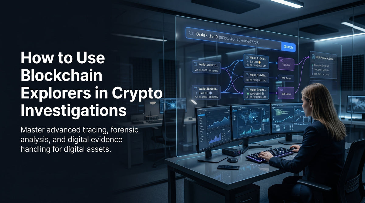 Compliance investigator using blockchain explorer tools to trace cryptocurrency transactions and analyze wallet activity.