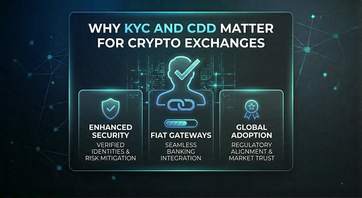 Illustration showing KYC verification and customer due diligence processes used by crypto exchanges for onboarding, risk assessment, and compliance.
