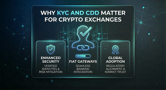 Illustration showing KYC verification and customer due diligence processes used by crypto exchanges for onboarding, risk assessment, and compliance.