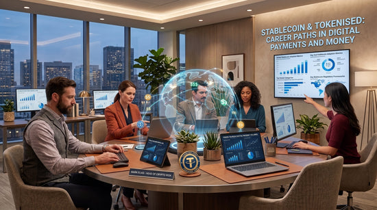 A diverse team of digital finance professionals collaborates in a modern office while reviewing stablecoin risk models, payment data, regulatory frameworks and tokenised asset flows displayed across laptops, dashboards and a holographic global network.
