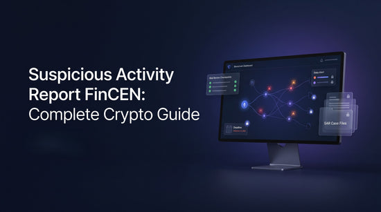 Suspicious Activity Report FinCEN guide graphic featuring a dark blue background and a digital transaction-monitoring screen.