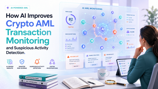 AI-powered crypto AML dashboard showing transaction networks, suspicious alerts, risk scores and compliance investigations