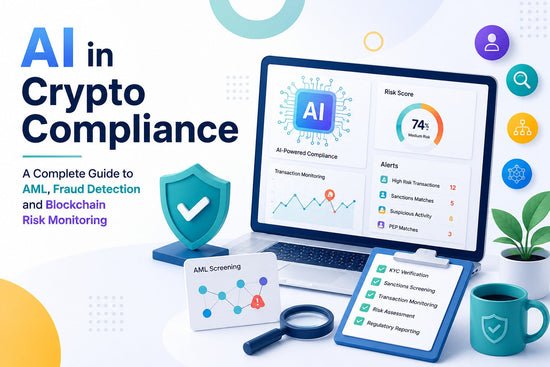 AI workspace with AML alerts, fraud detection, blockchain risk monitoring and colourful 3D compliance visuals.