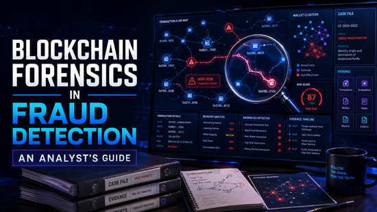 Blockchain forensics analyst reviewing suspicious transaction flows, wallet clusters, risk scores and digital evidence to detect cryptocurrency fraud.