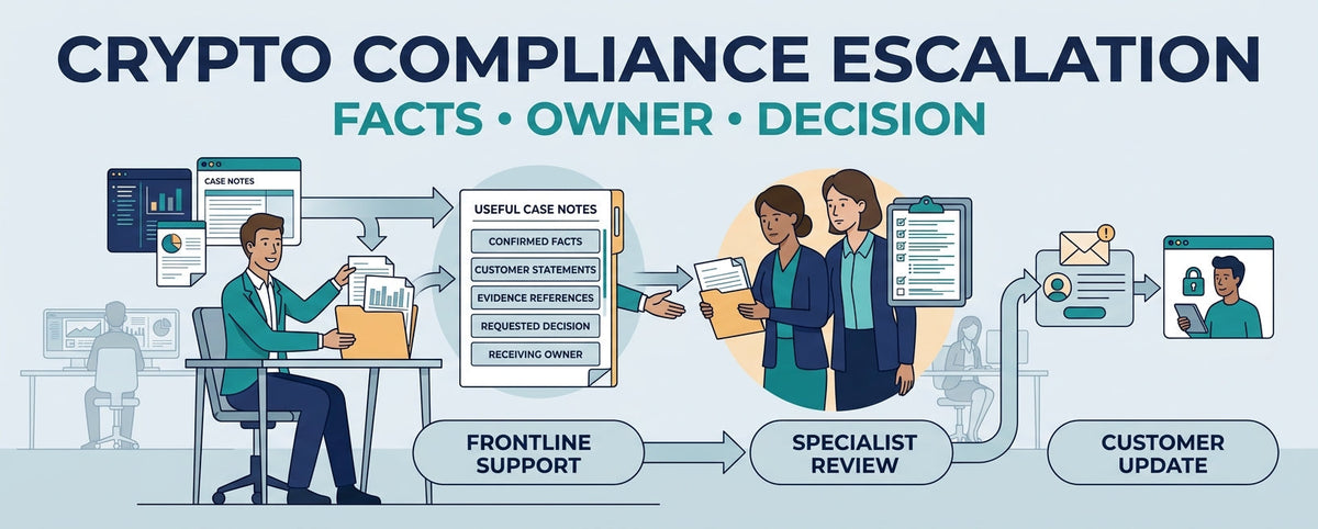Support specialist preparing a structured crypto compliance escalation for review.