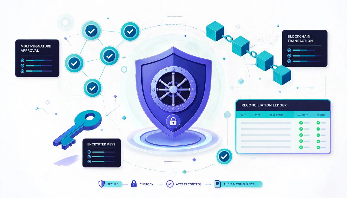 Auditor reviewing crypto custody wallet, private-key and reconciliation controls