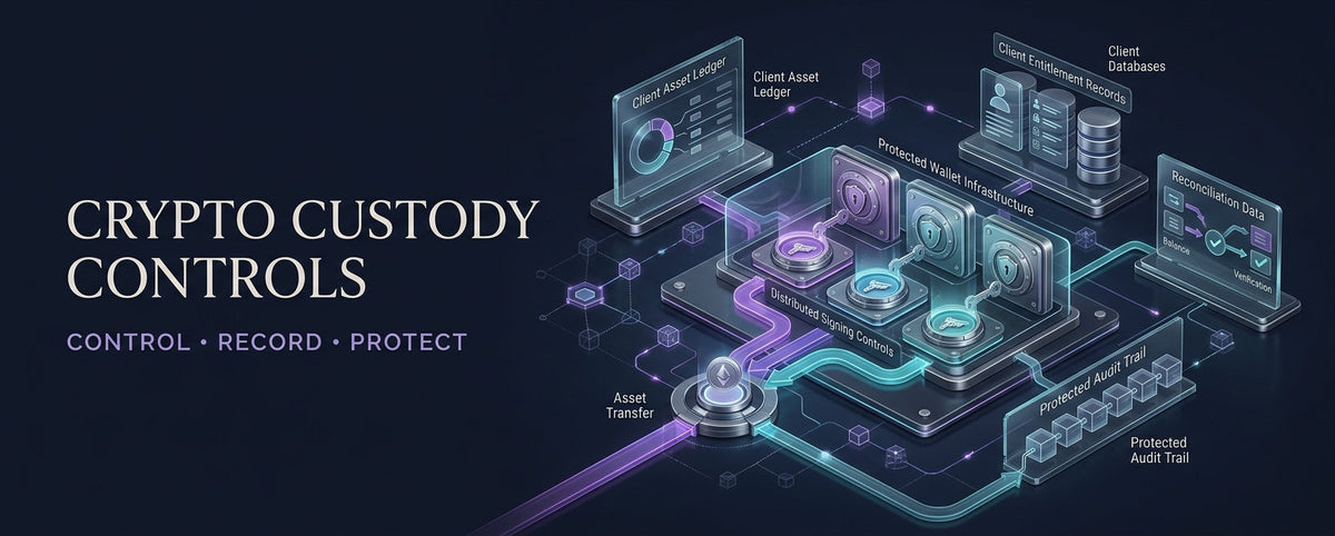 Secure crypto custody system connecting wallet controls, client records and transfer approvals.