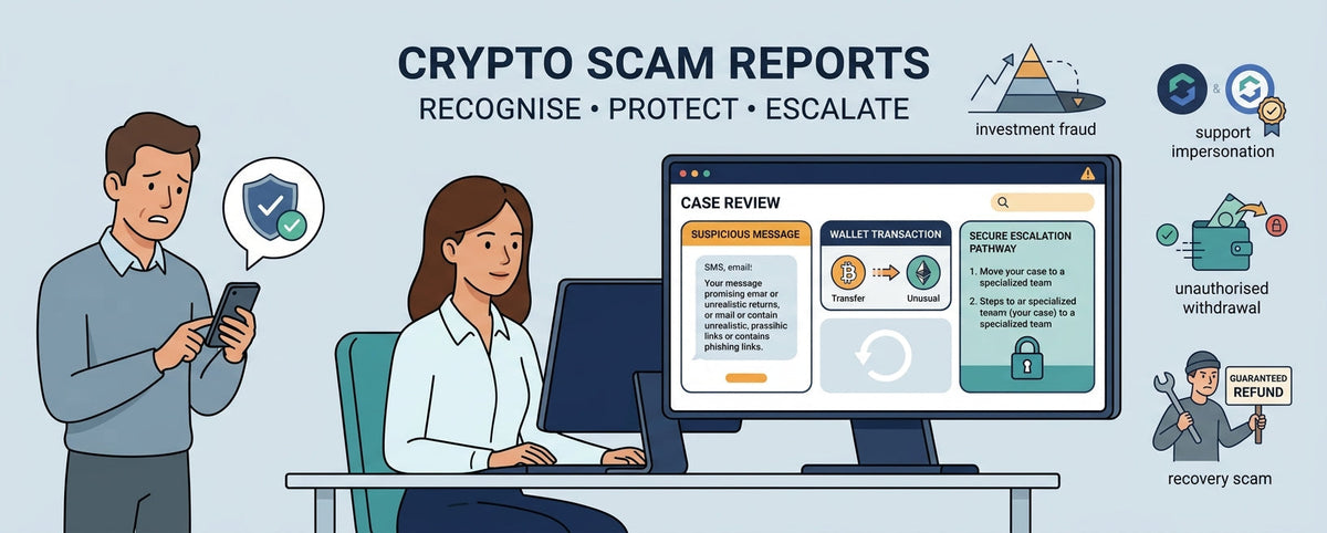 Support specialist responding carefully to a customer’s crypto scam report