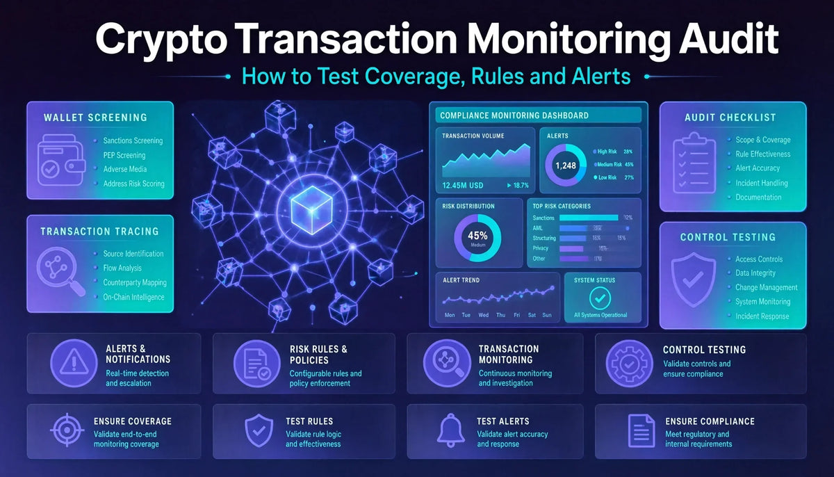 Auditor testing crypto transaction monitoring coverage, rules and alerts