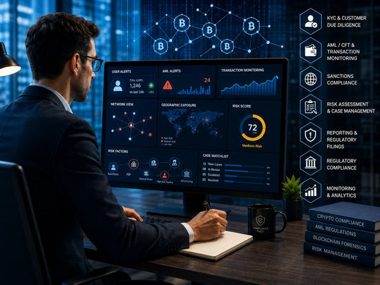 Crypto compliance analyst reviewing AML alerts, transaction monitoring, risk scores, sanctions checks and case data on a digital dashboard.