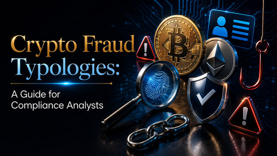 Crypto fraud investigation graphic featuring cryptocurrency coins, a fingerprint magnifying glass, phishing hook, security shield, chain and warning alerts.