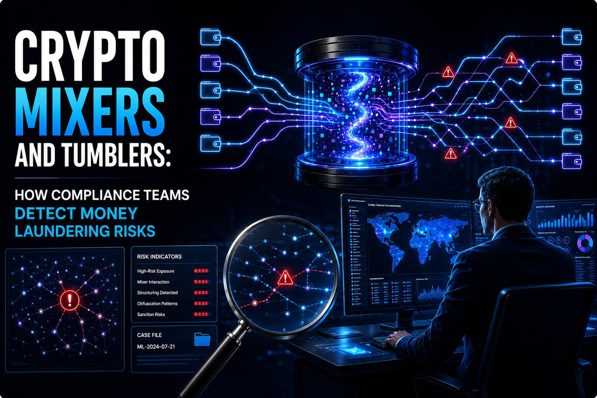 A crypto compliance investigator analyzes suspicious transaction flows linked to mixers and tumblers using blockchain monitoring dashboards, wallet networks, risk indicators, alerts, and a magnifying glass in a futuristic dark-blue control room.
