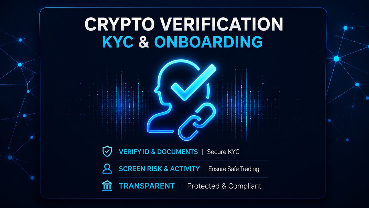 Crypto verification graphic showing KYC and onboarding with identity checks, document verification, risk screening and compliance protection on a glowing blue digital interface.