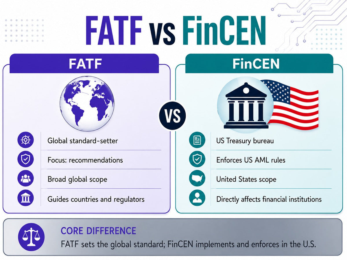 Infographic comparing FATF and FinCEN, highlighting FATF’s global standards role and FinCEN’s U.S. AML enforcement responsibilities.