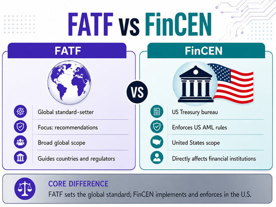 Infographic comparing FATF and FinCEN, highlighting FATF’s global standards role and FinCEN’s U.S. AML enforcement responsibilities.