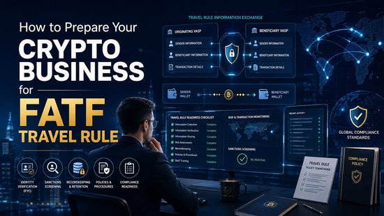 Crypto compliance professional reviewing a FATF Travel Rule dashboard showing VASP information exchange, identity verification, sanctions screening, transaction monitoring, recordkeeping, and compliance readiness