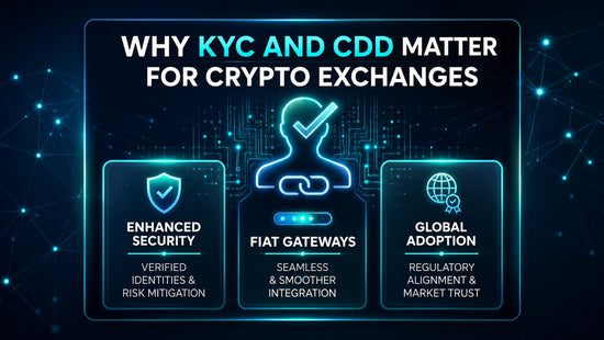 Neon infographic explaining how KYC and CDD support enhanced security, smoother fiat integration and global regulatory trust for crypto exchanges.