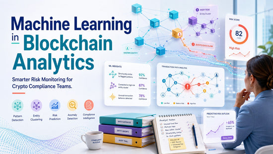 AI-powered blockchain analytics dashboard showing transaction paths, risk scores and suspicious activity monitoring.