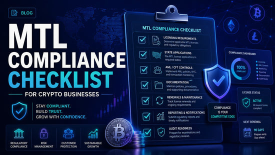 MTL compliance checklist feature image showing a digital checklist, shield icon, crypto coins, and compliance dashboard for crypto businesses.